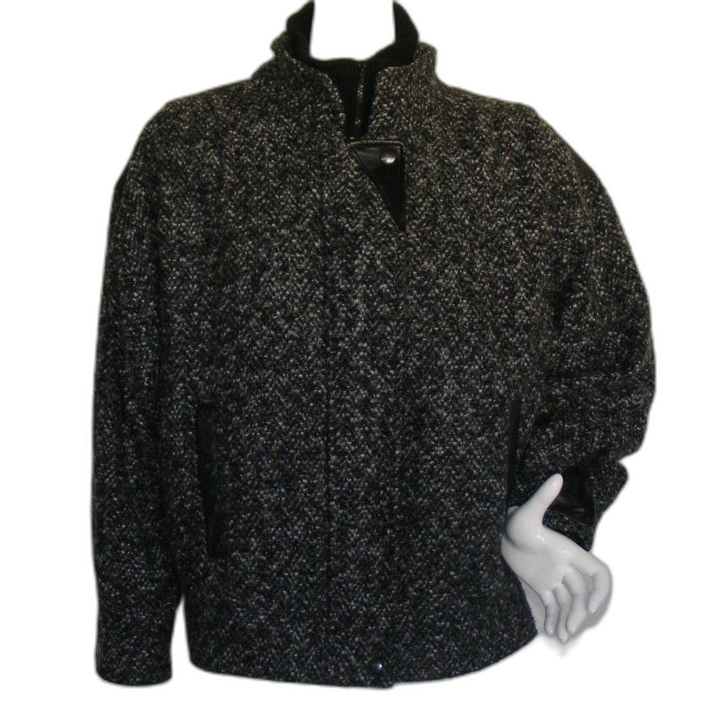 NEW YORK GIRL Coat, L, Tweed/Leather, Black/Gray, Zipper, Knit Collar, Pockets
